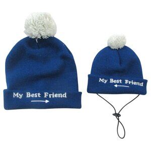 Matching Parent & Doggie Winter Beanie Hats Set Blue Pom Pom Knit My Best Friend